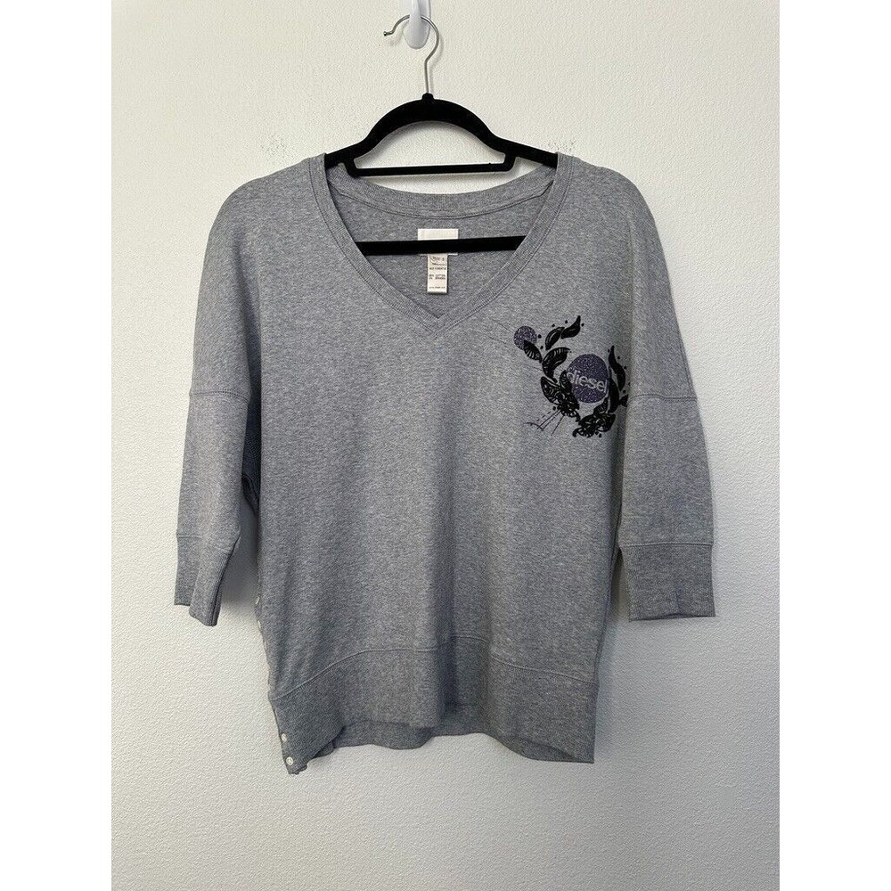 Diesel Y2K V-Neck Sweater Crop Buttons 3/4 Sleeve Floral Gray Vtg Women's Small